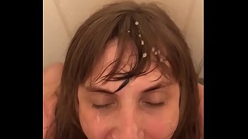 Lacey cute tranny sissy cumslut sucks and c. on a cock and takes a load of cum all over her face
